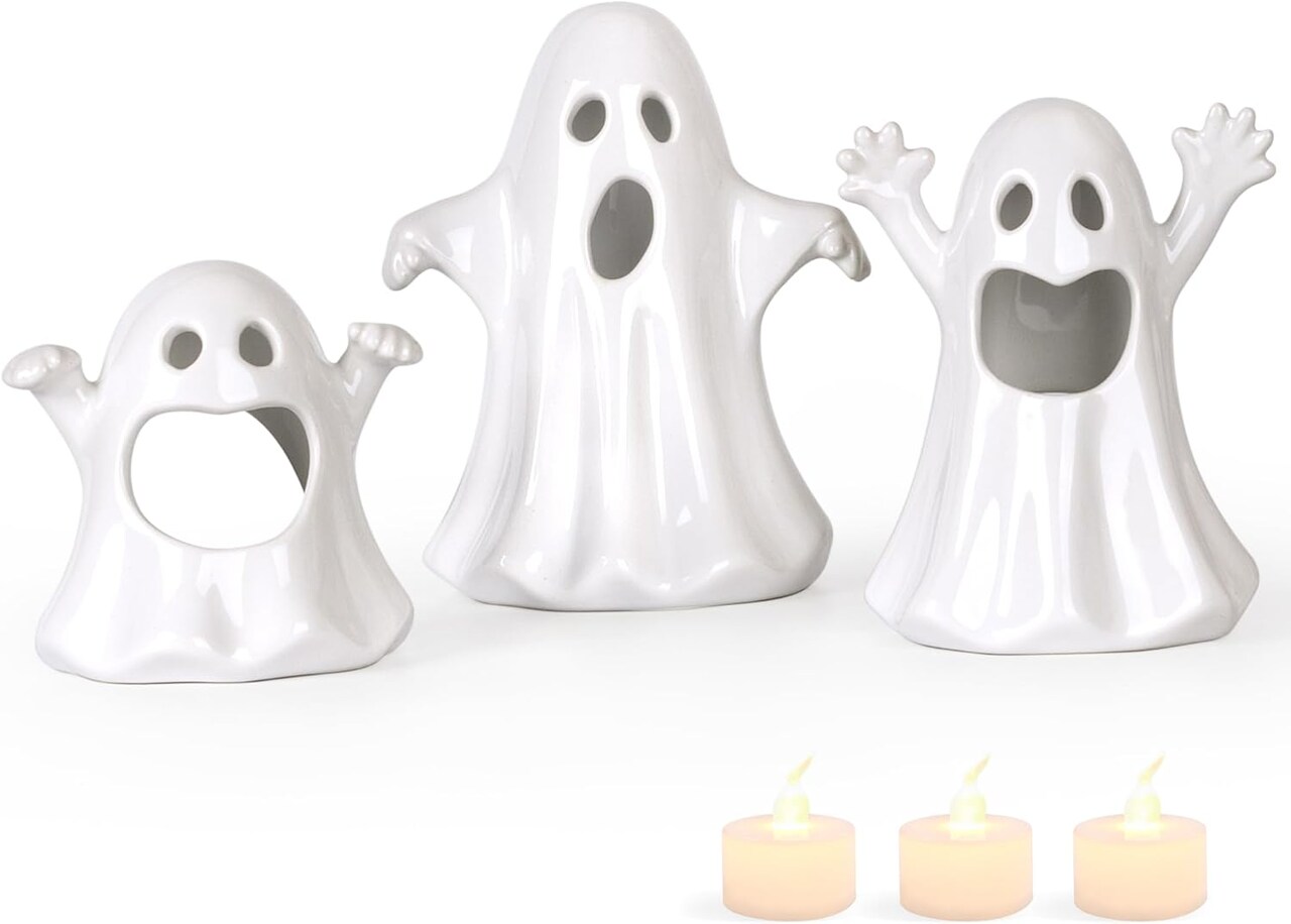 Ceramic Ghost Tea Light Holder Set of 3 with LED Lights – Halloween Tabletop Candle Holders for Indoor Spooky Home, Party, Mantel & Shelf Decor